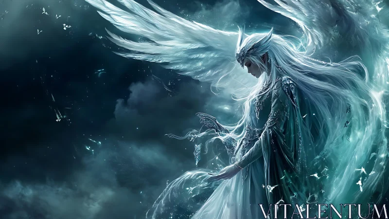 Winged ethereal figure in ornate armor amid swirling light.