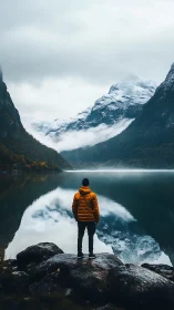 Solitary hiker in yellow jacket facing misty glacial lake