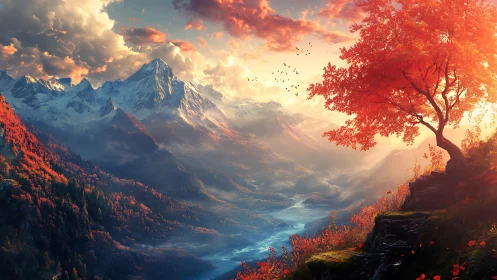 Autumn valley sunrise over snowy mountain river vista.