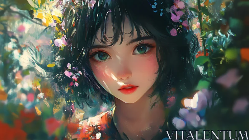 Dreamy floral portrait frames a luminous anime heroine
