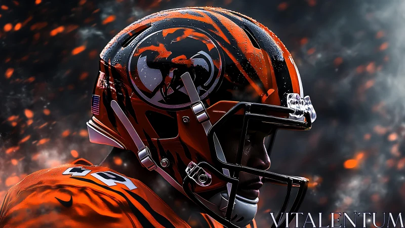 Fiery football helmet glows as a focused player readies for impact