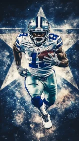 American football player runs forward in stylized artwork.