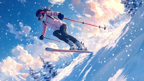 Skier Descending Snow-Covered Mountain in Alpine Landscape.