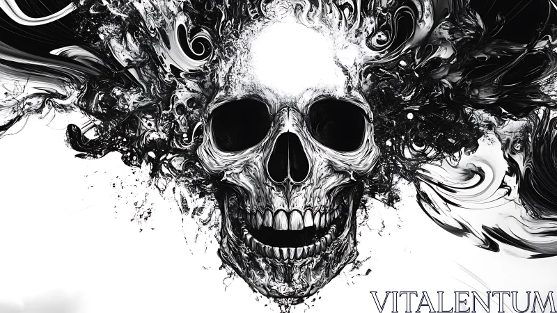 Monochrome fluid skull composition with abstract ink dispersion.