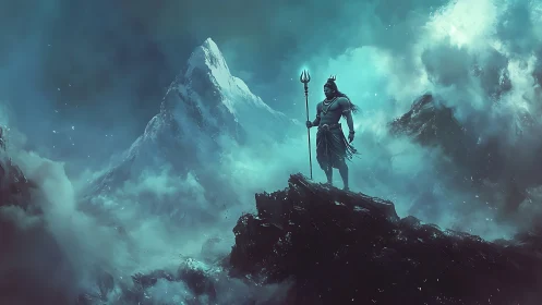 Majestic mountain guardian stands calm above swirling mist