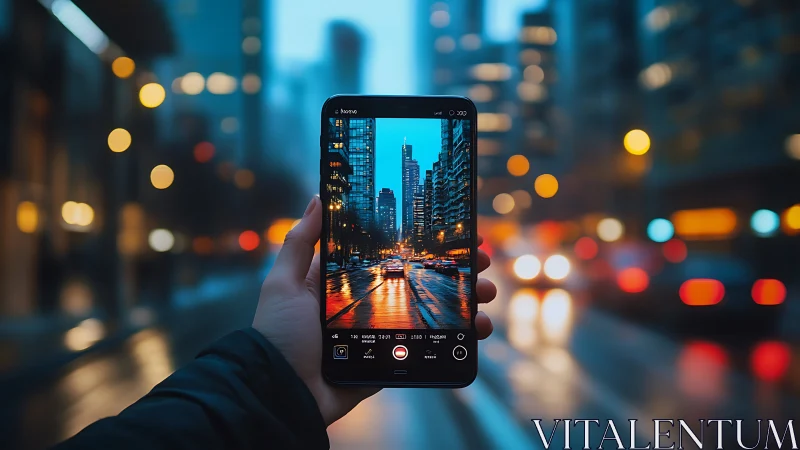 Urban smartphone capture frames neon dusk city reflections.