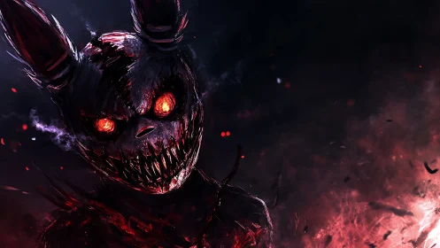 Demonic rabbit specter with blazing eyes in crimson smoke.