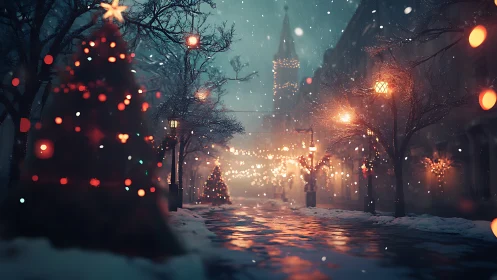 Snow-kissed city lane hums softly with glowing Christmas light