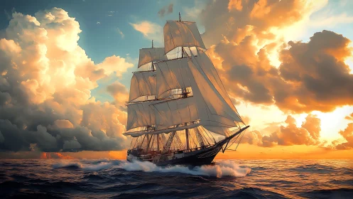 Tall ship under blazing sunset sky on rolling ocean waves.