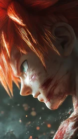 Battle-scarred anime warrior in fiery cinematic profile.