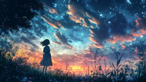 Girl observing vivid dusk sky over quiet flower field.