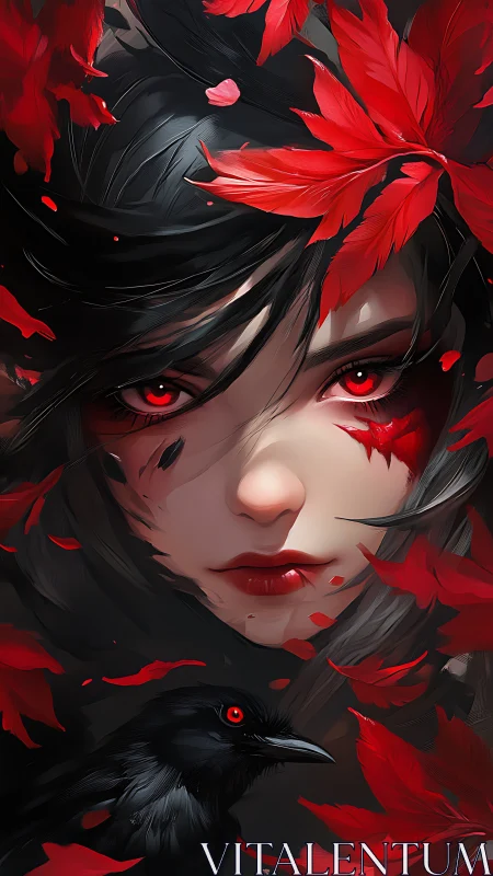 Scarlet-eyed woman confronts viewer amid falling red leaves