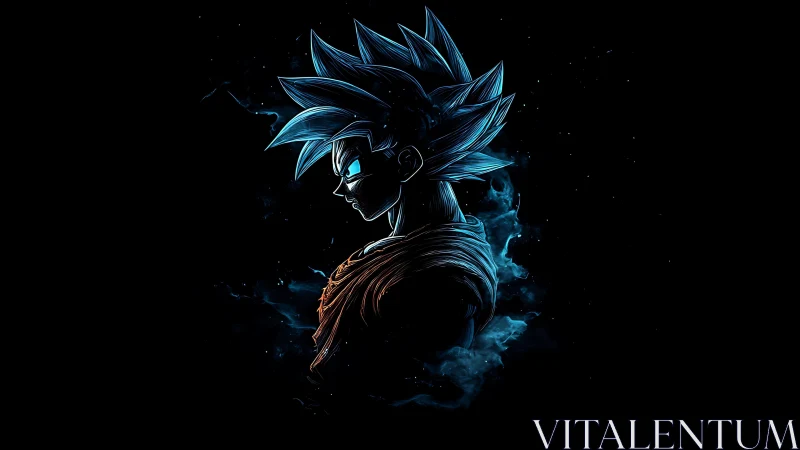 Blue-lit anime warrior profile against dark void.