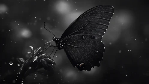 Nocturne butterfly balances on a rainlit flower of shadow