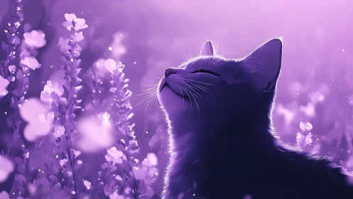 Feline Silhouette Among Lupine Blooms in Ethereal Lavender.
