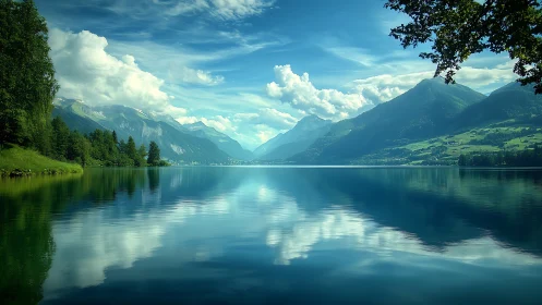 Peaceful mountain lake reflecting bright summer skies.