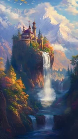Fairytale mountain castle watching over a cascading waterfall.