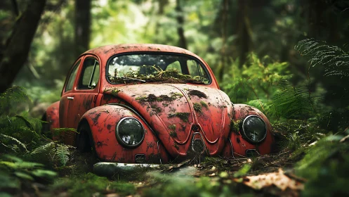 Red vintage car partially overgrown in dense forest setting.
