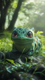 Cartoon reptile creature rests on forest floor in light