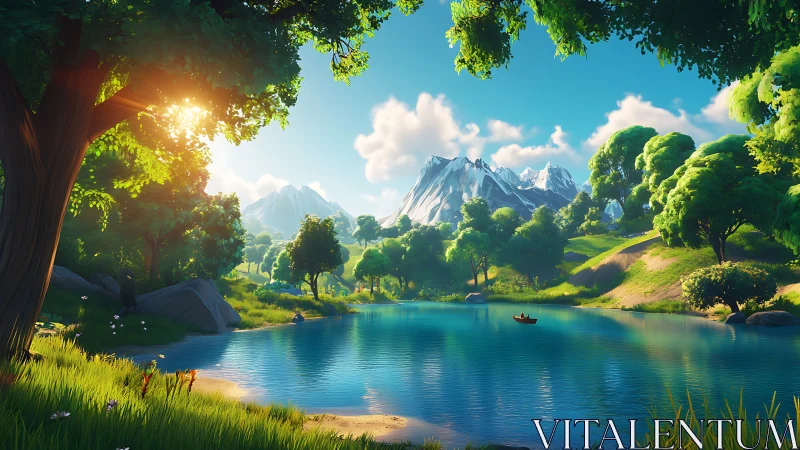 Digital painting landscape with lake, forest and sunlit peaks.