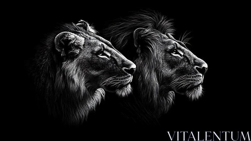 Twin Lions in Profile Against Darkness.
