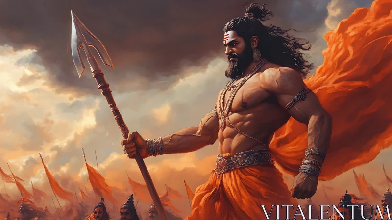 Warrior deity with trident leading orange-flagged army.