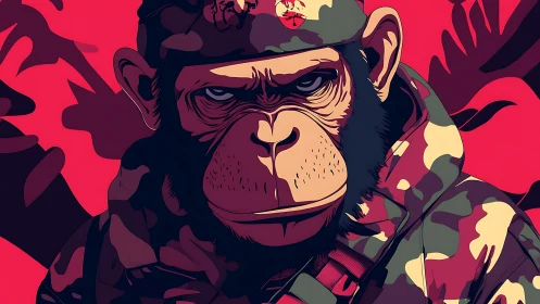 Grim chimp soldier in camouflage on bold red background.