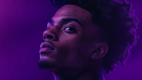 Purple-gelled studio portrait with dramatic upward gaze.