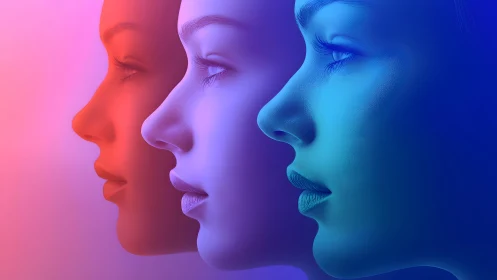 Three female profiles in vivid gradient lighting, digital art style.