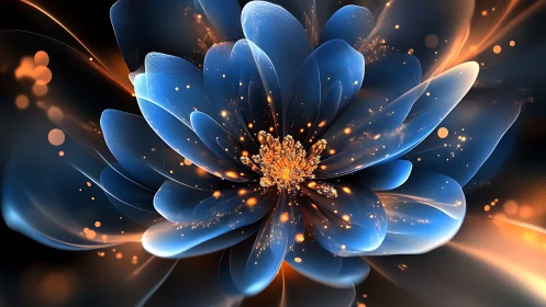 Luminous blue fractal flower radiates glowing golden sparks.