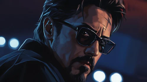 Midnight glare of the sunglassed loner in neon hush.