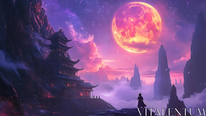 Samurai watching vast moon over misty fantasy temple.