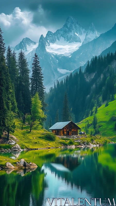 Lakeside cabin dreaming beneath storybook glacier peaks.