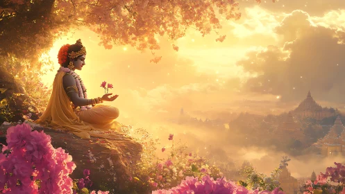 Serene divine figure resting in golden blossom sunrise.