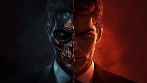 Corporate demon unveiled in a split inferno of moral ash.