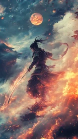 Samurai silhouette stands amid luminous clouds and burning sky