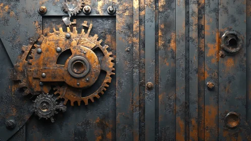 Rusty industrial gears on a corroded metal panel.