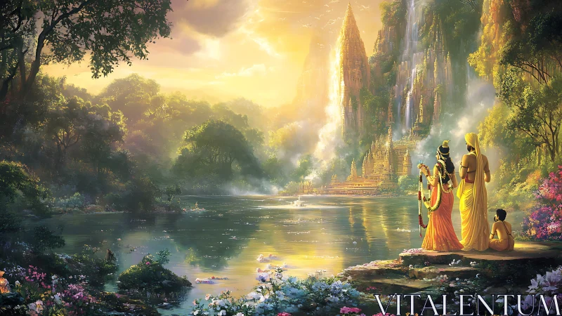 Golden riverside temple at sunrise with devotional figures.