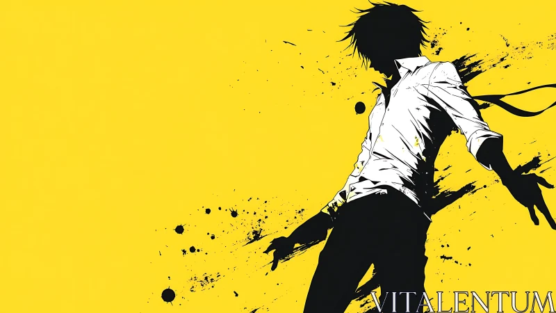 Silhouetted rebel splashes across electric yellow void.