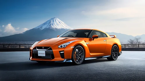 Orange sports coupe parked before snow capped mountain.
