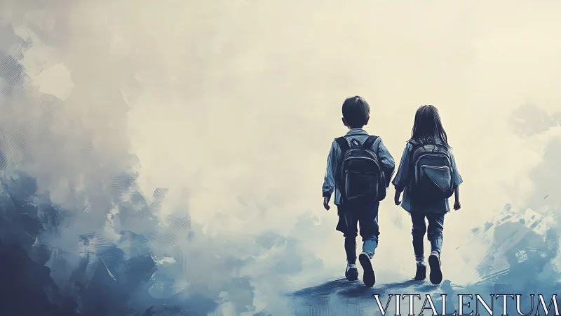 Two students walking toward misty horizon with backpacks.