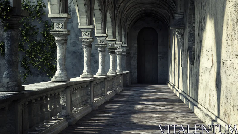 Sunlit cloister shadows courting a silent locked doorway.