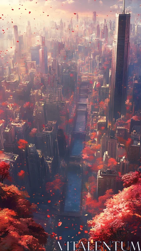 Autumn-tinted futuristic city skyline glows above a river