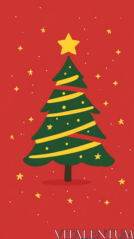 Stylized Christmas tree on red background with stars.