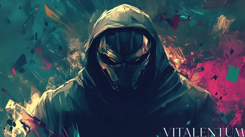 Hooded cyber warrior emerges from neon storm of shards.