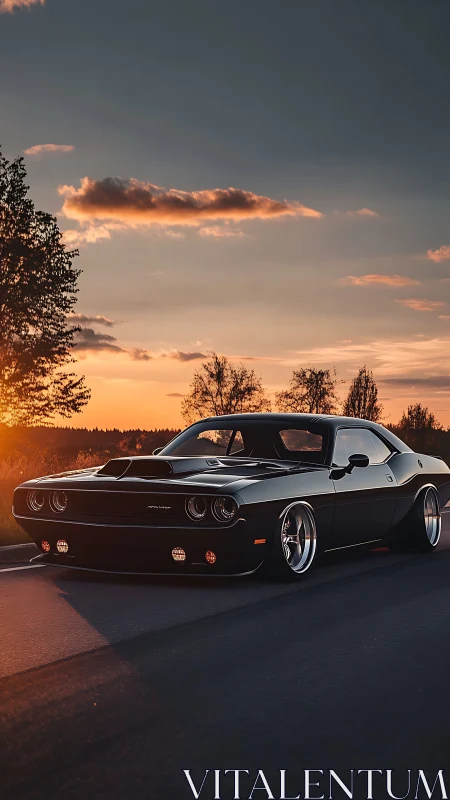 Low-slung black muscle car under glowing sunset sky.