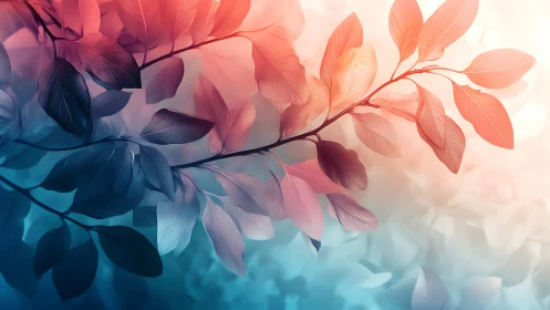 Artistic branch with blue and pink leaves in dreamy soft focus.
