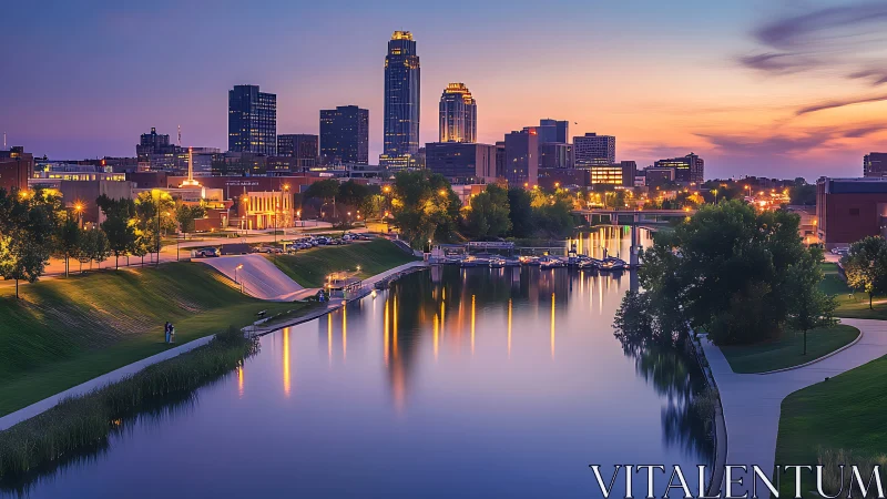 Dusk-illuminated riverside skyline with mirrored luminosity.
