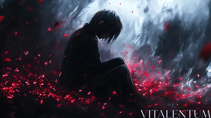 Silhouetted figure sits among glowing red petals in fog