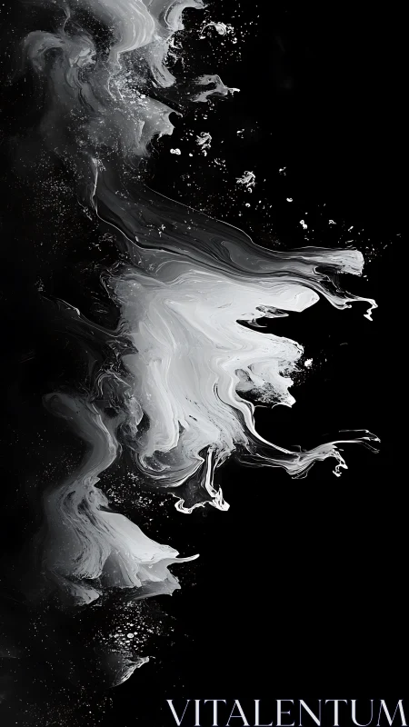 Monochrome fluid abstraction swirling through deep black field.
